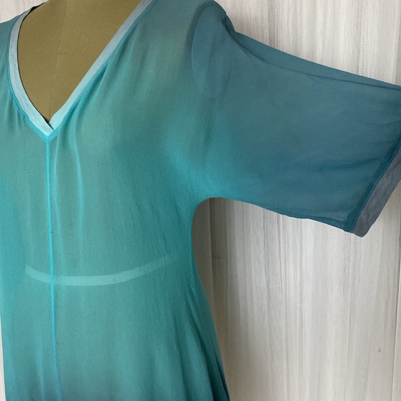 V-Neckline silk, cotton/modal trims Aqua ombré/grey! Lightweight, short sleeves - Picture 5 of 12